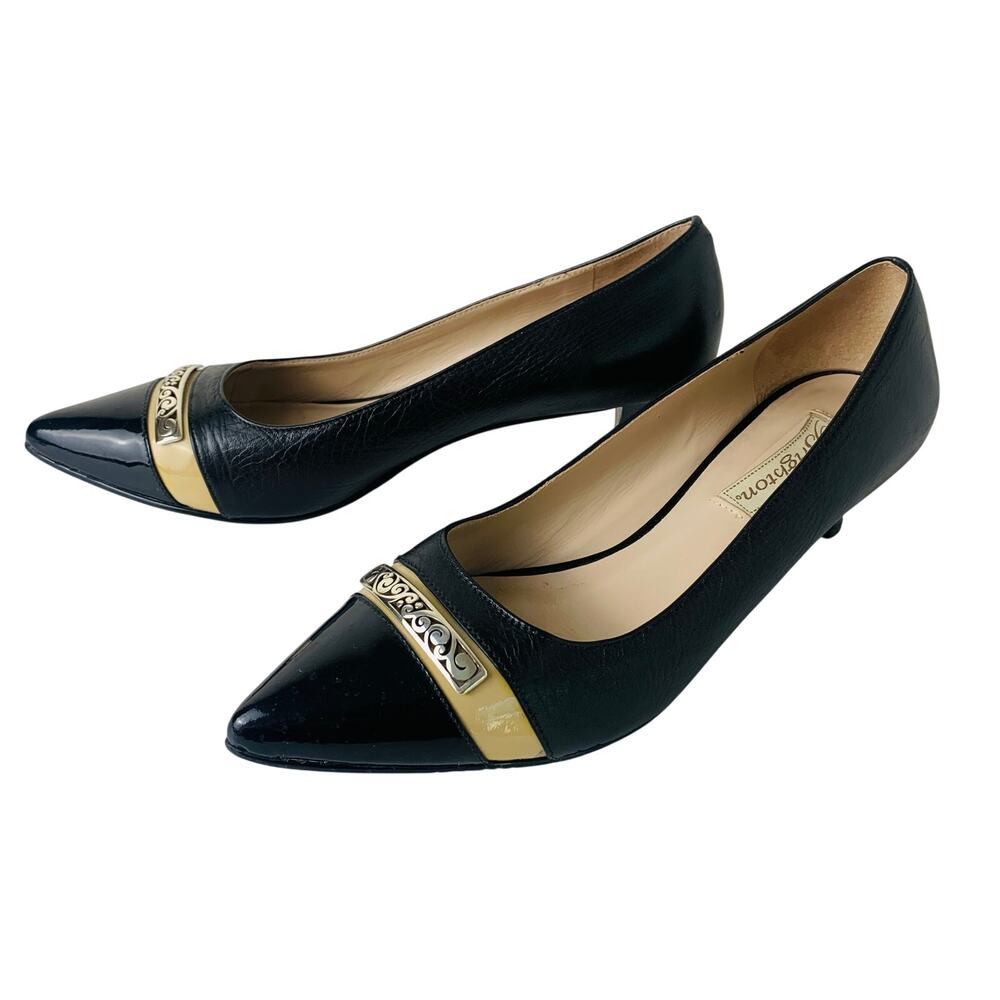 Brighton Black Leather Pointed Toe Pumps Kitten Heels Gold Trim Size 7.5
